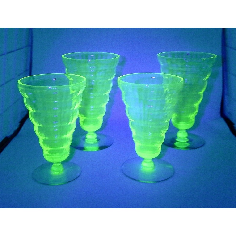 Utility Glass Works Cambodia Ware Vaseline Green Foot Ice Tea Water Goblet Set 4